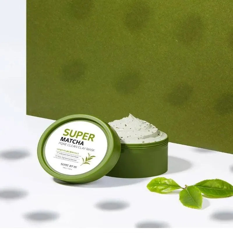 Some By Mi Super Matcha Pore Clean Clay Mask jar with green tea leaves, Korean skincare