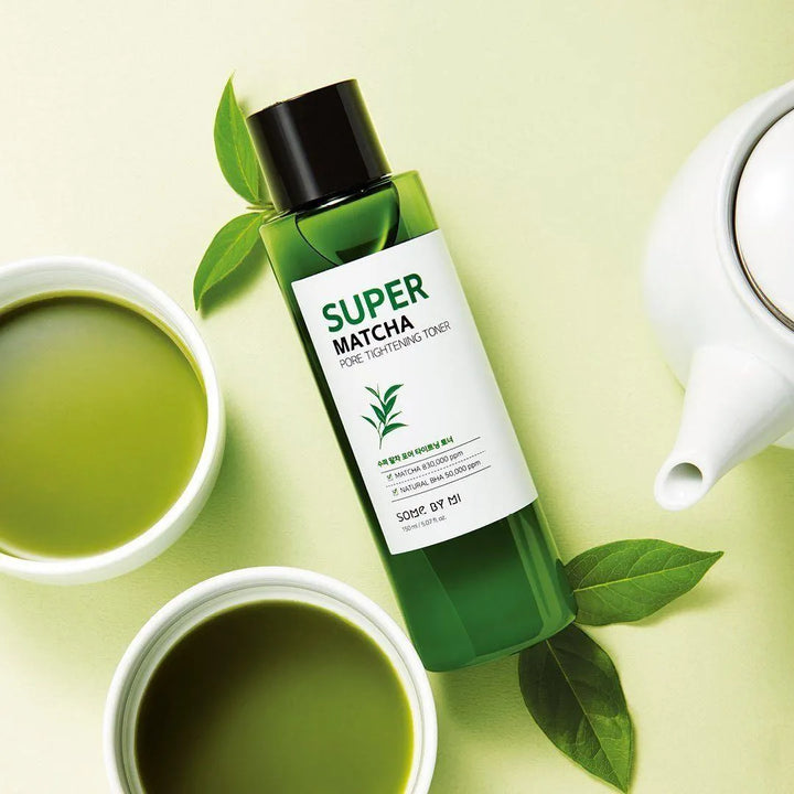 Some By Mi Super Matcha Pore Tightening Toner bottle with matcha tea, leaves, and teapot, Korean skincare Nederland Me Time Groningen