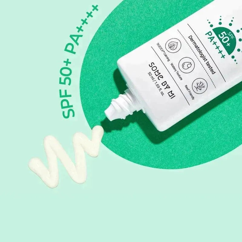 Some By Mi Truecica Aqua Calming Sun Cream SPF 50+ Korean skincare sunscreen on green background