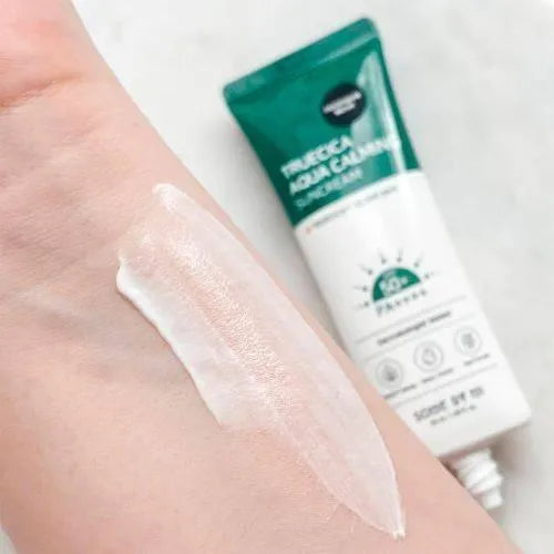 Swatch of Some By Mi Truecica Aqua Calming Sun Cream on skin, Korean skincare product