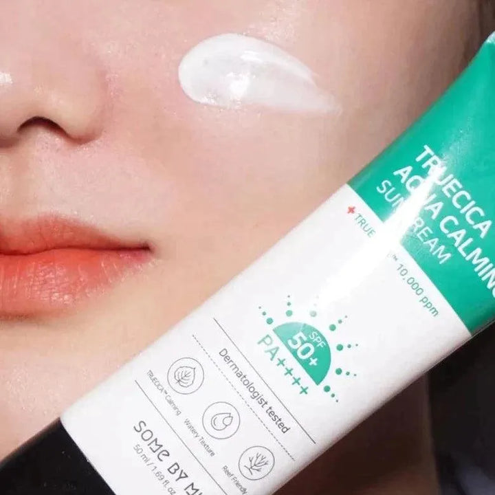Some By Mi Truecica Aqua Calming Sun Cream SPF50+ applied on face, Korean skincare Nederland