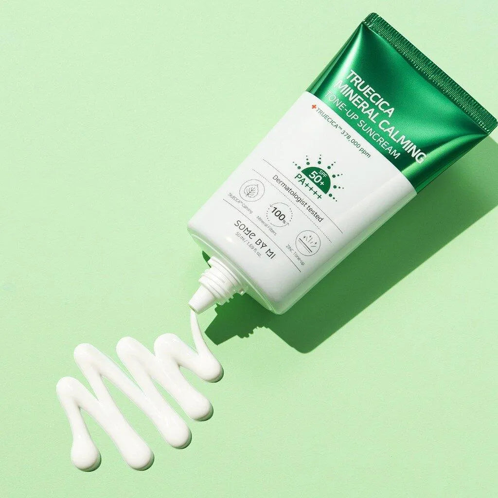 Some By Mi Truecica Mineral Calming Tone-Up Suncream SPF50+ on pastel green background, Korean skincare