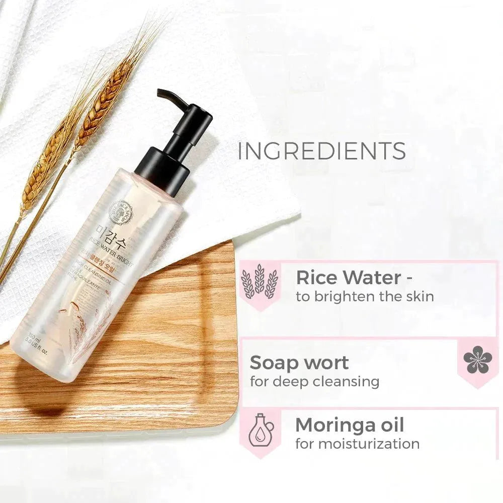 The Face Shop Rice Water Bright Cleansing Oil with key ingredients, on wooden tray, Korean skincare